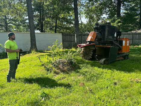 A man is standing in front of a stump grinder in a yard.