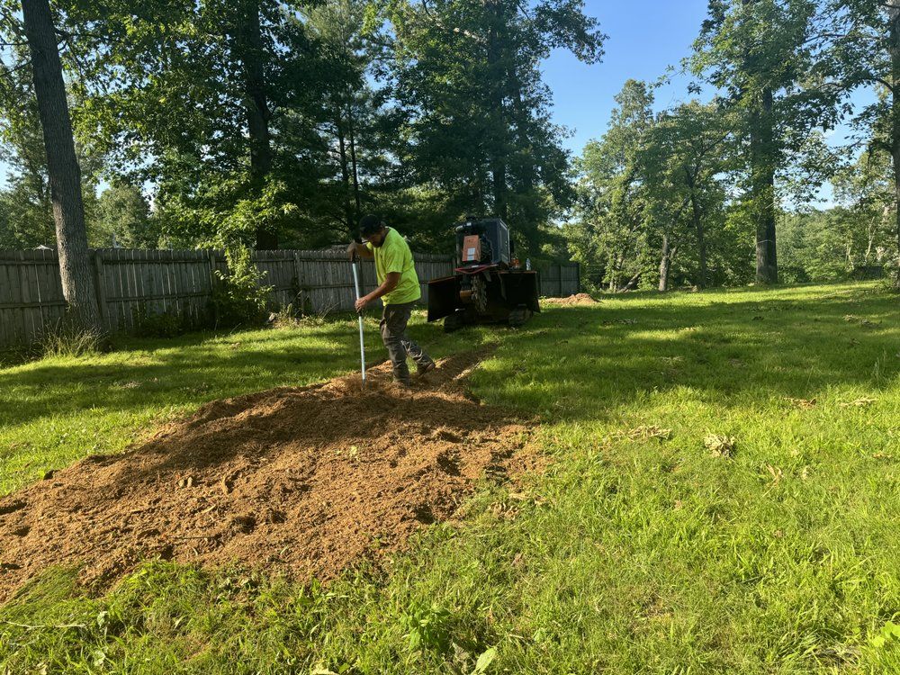 A man is using a tractor to remove a tree stump in a yard.