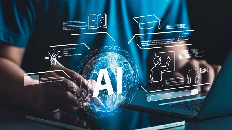 A digital graphic shows a person using a laptop with AI-related icons like a lightbulb, book, and cap floating above it.