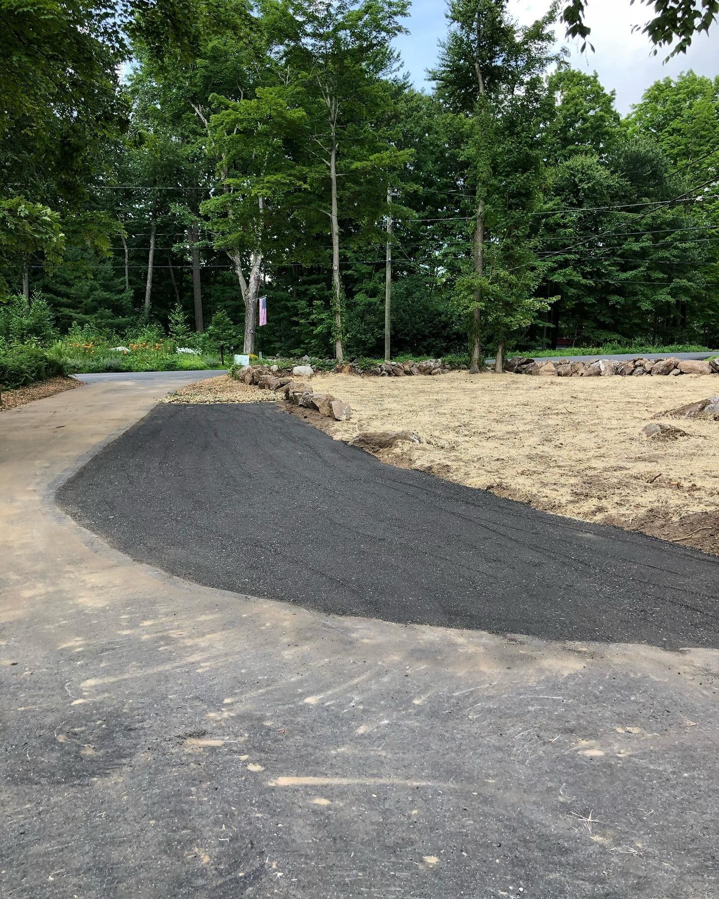 A dirt road going through a field with trees in the background.