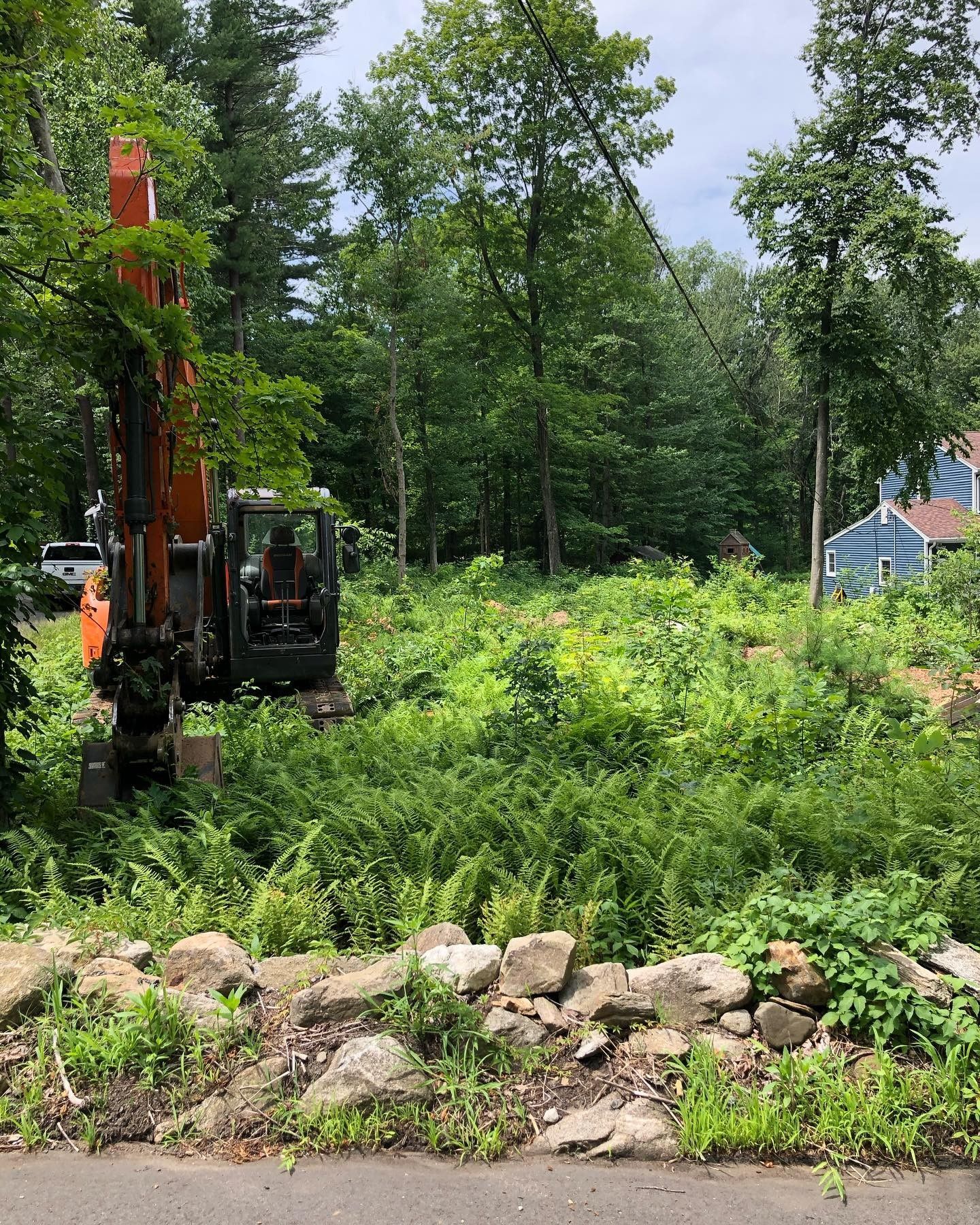 A large excavator is sitting in a lush green field.