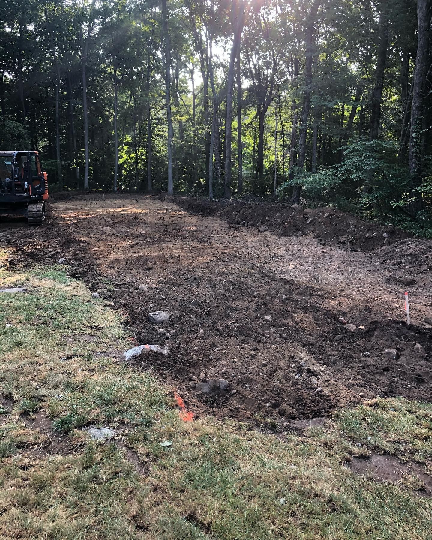 A jeep is parked in the middle of a dirt field in the woods.