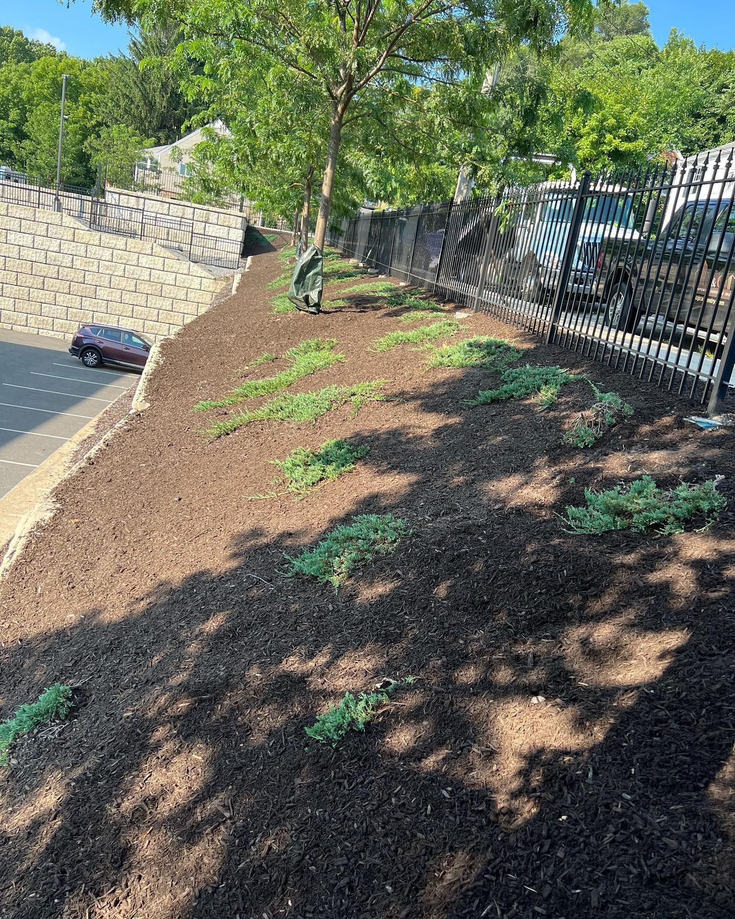 A car is parked on the side of a hill next to a fence.