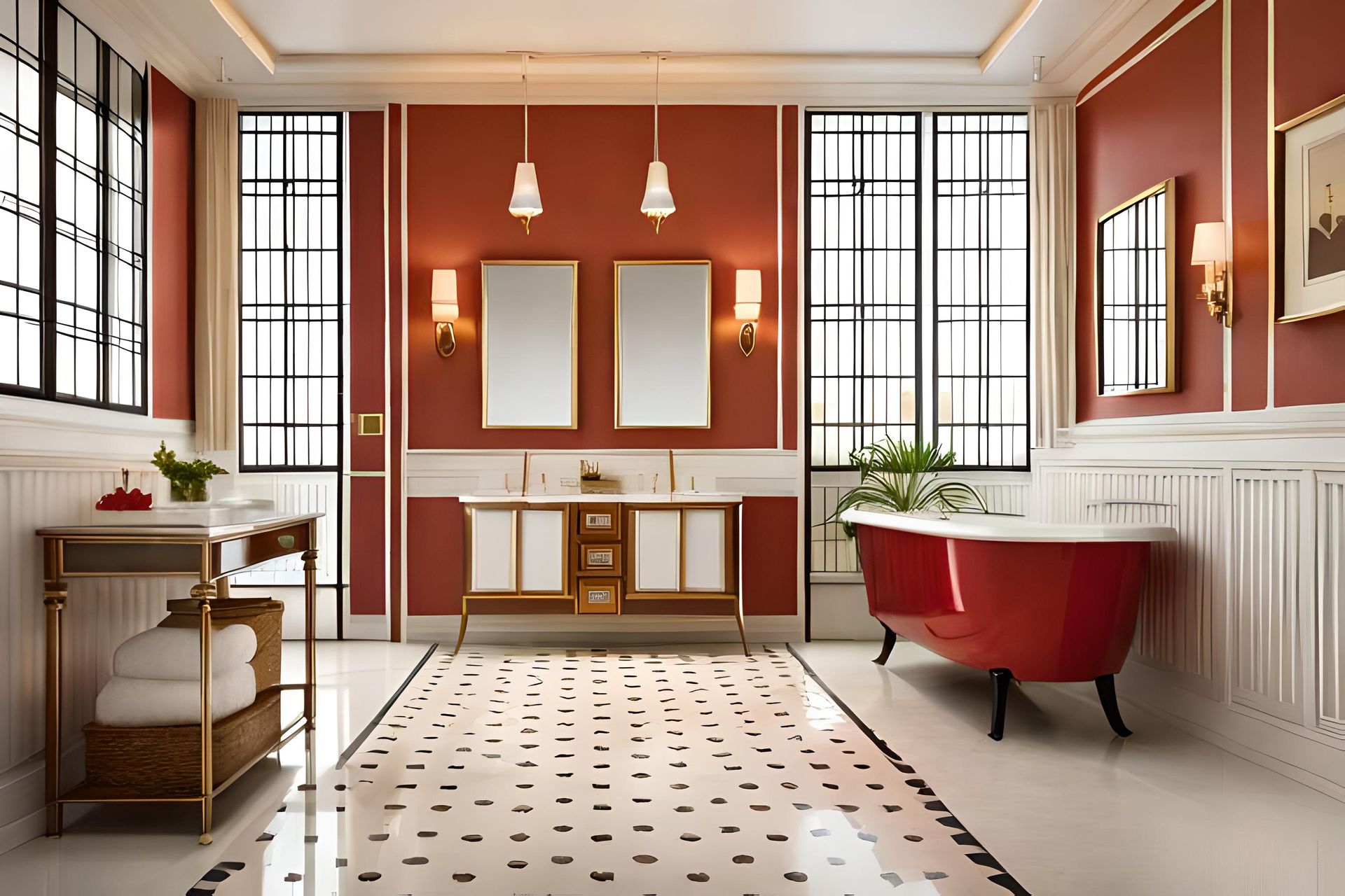 a bathroom with red walls and a red tub