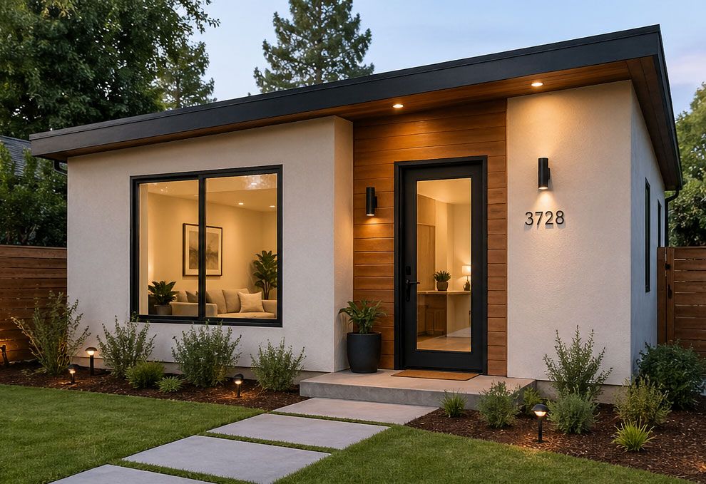 Modern single-story house exterior with warm-lit windows, front door, and walkway at dusk