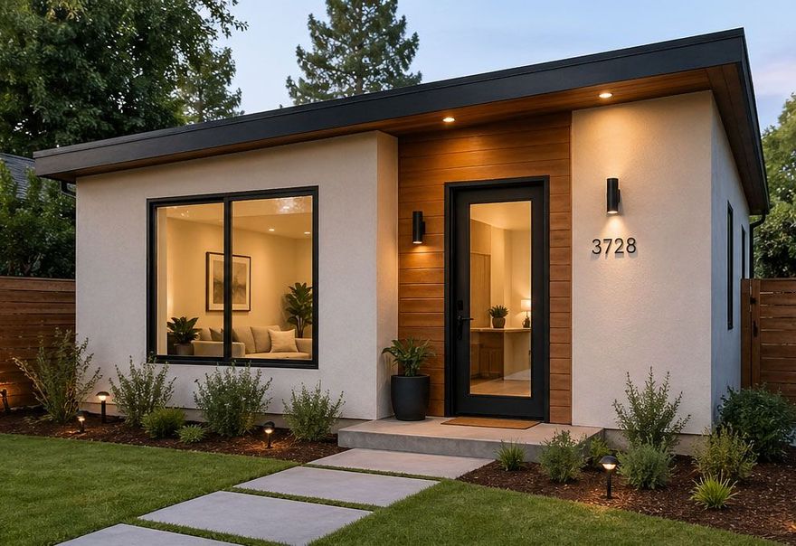 Modern single-story house with lit front entry, large window, and stone walkway at dusk