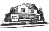 A black and white line drawing of the Suess Funeral Home building, a two-story structure with a covered porch.