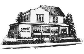 A black and white line drawing of the Suess Funeral Home building, a two-story structure with a covered porch.