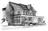 A black-and-white ink drawing of a two-story brick building with a front porch, large windows, and a steep roof.