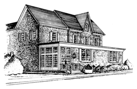 A black-and-white ink drawing of a two-story brick building with a front porch, large windows, and a steep roof.