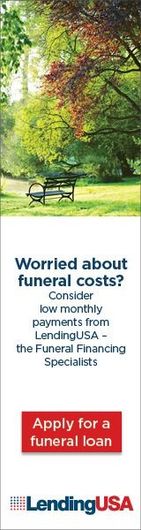 A park bench under trees with text advertising LendingUSA funeral loan financing and an application button.