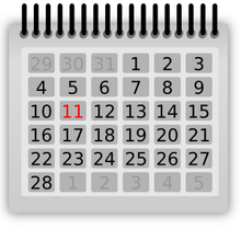A calendar icon showing the month starting on the 1st, with the 11th highlighted in red.
