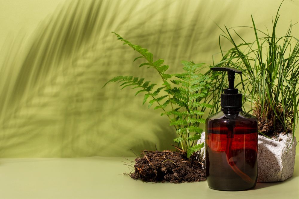 Brown soap dispenser with green plants and shadows on a light green background.