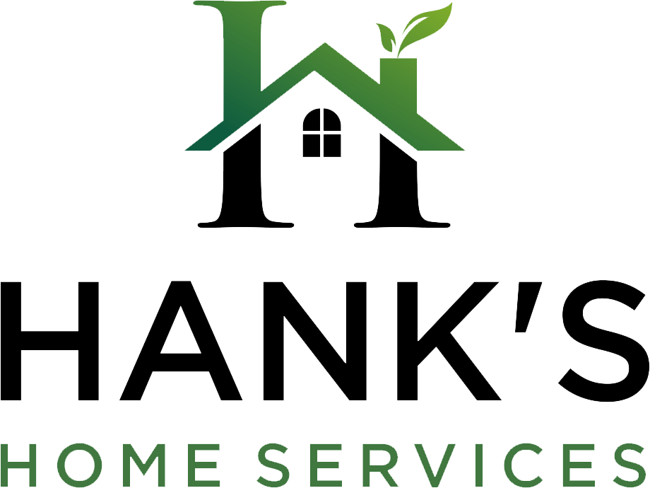 Logo for Hank's Home Services: Green house icon atop the words 