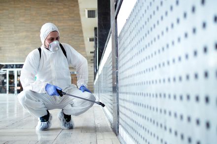 Worker in protective suit spraying disinfectant along a wall with a spray wand.