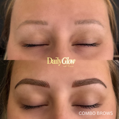 Before and after of eyebrows; top shows light, sparse brows; bottom shows darker, defined 