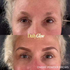 Comparison of before and after eyebrow ombre powder brows procedure.