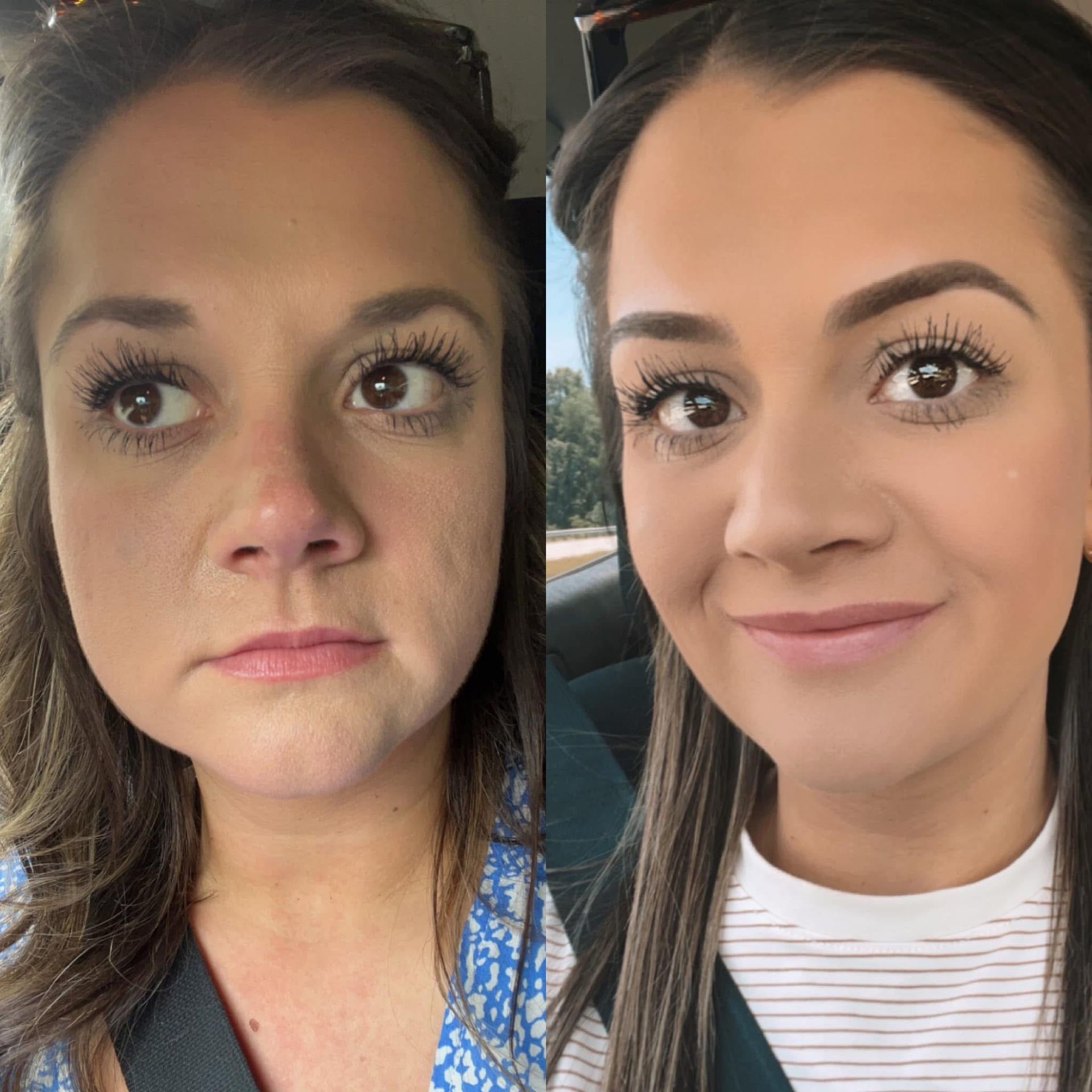 Side-by-side comparison of a person's face. Left: neutral expression. Right: smiling, with makeup applied.