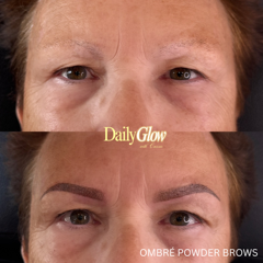 Before and after of ombre powder brow procedure on a woman's face. Top: sparse brows. Bottom: defined, shaded brows.