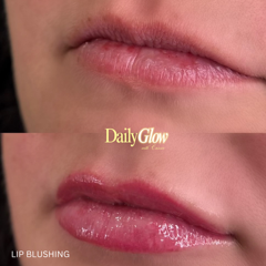 Lip blushing before-and-after; lips with a natural pink hue, then enhanced with rosy color and gloss.