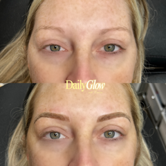 Before and after of eyebrows; top shows sparse brows, bottom shows filled-in, brown eyebrows.
