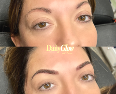 Before and after of a person's eyebrows. Top: sparse brows. Bottom: filled-in, defined brows. Brown eyes.