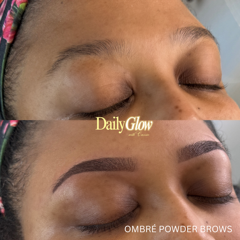 Comparison of eyebrows before and after an ombre powder brow treatment.