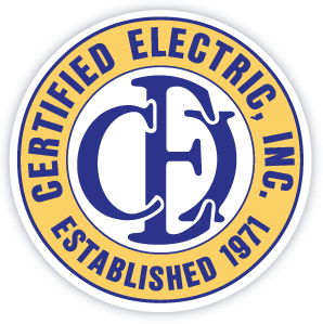 Circular logo: "Certified Electric, Inc." in blue and yellow, with "CE" initials. Established 1971.