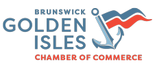 Logo for Brunswick Golden Isles Chamber of Commerce featuring text and an anchor with a flag.