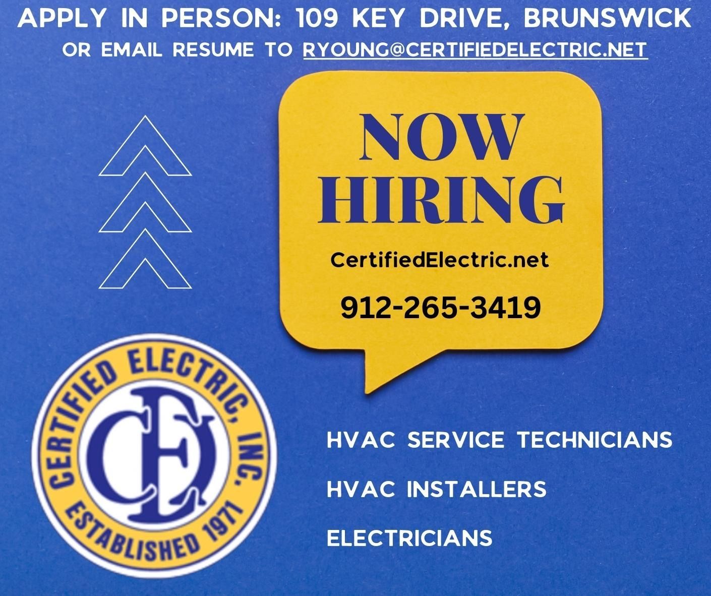 Job advertisement for Certified Electric, Inc. hiring HVAC technicians, installers, and electricians in Brunswick, GA.