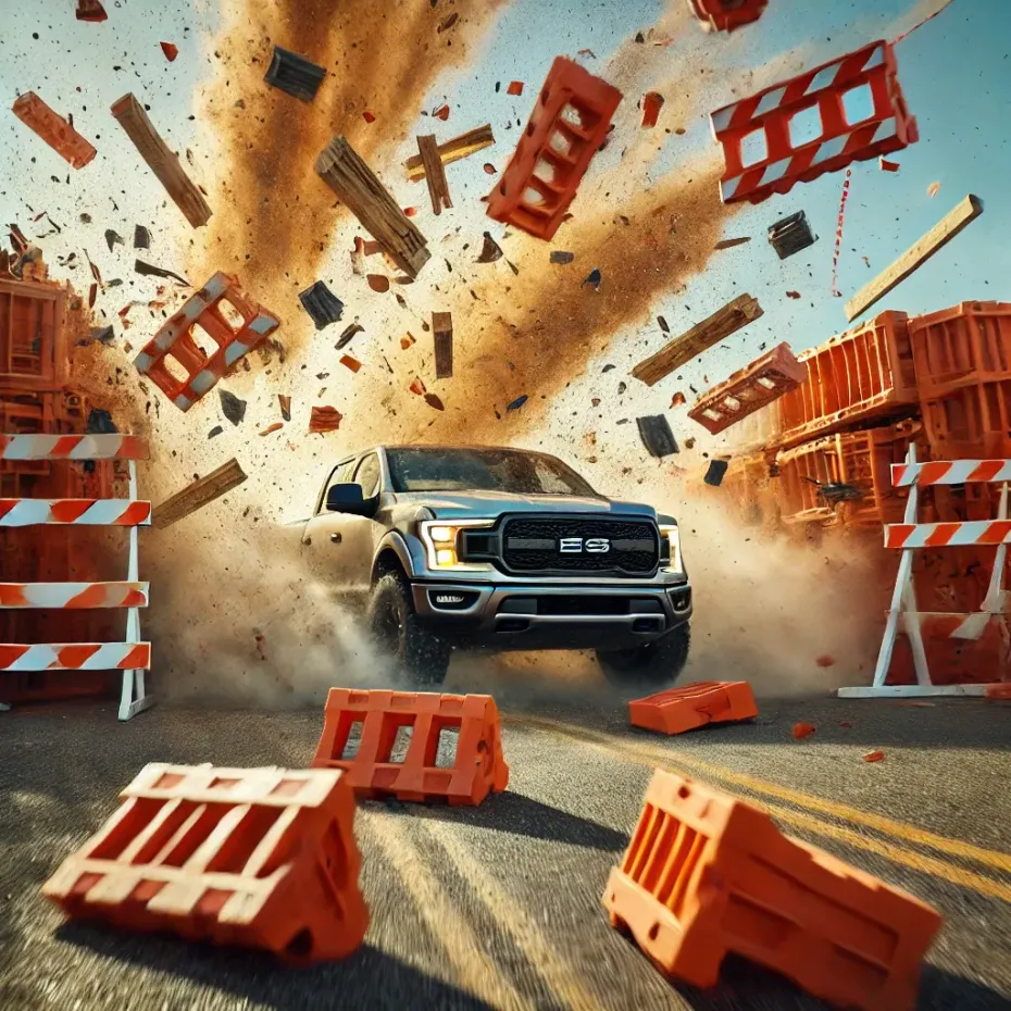 A pickup truck smashing through roadblocks