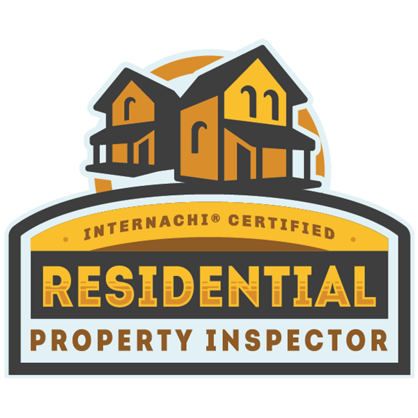 Badge: InterNACHI Certified Residential Property Inspector, featuring house illustrations in orange and black.