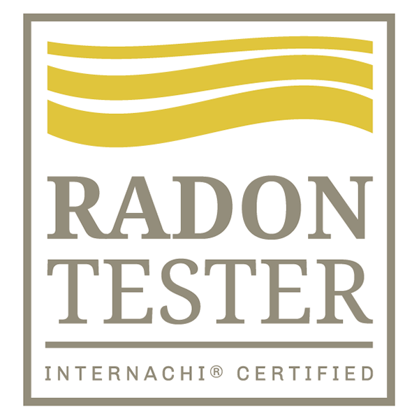 Logo: Radon Tester, InterNACHI certified, with yellow wave over gray text.