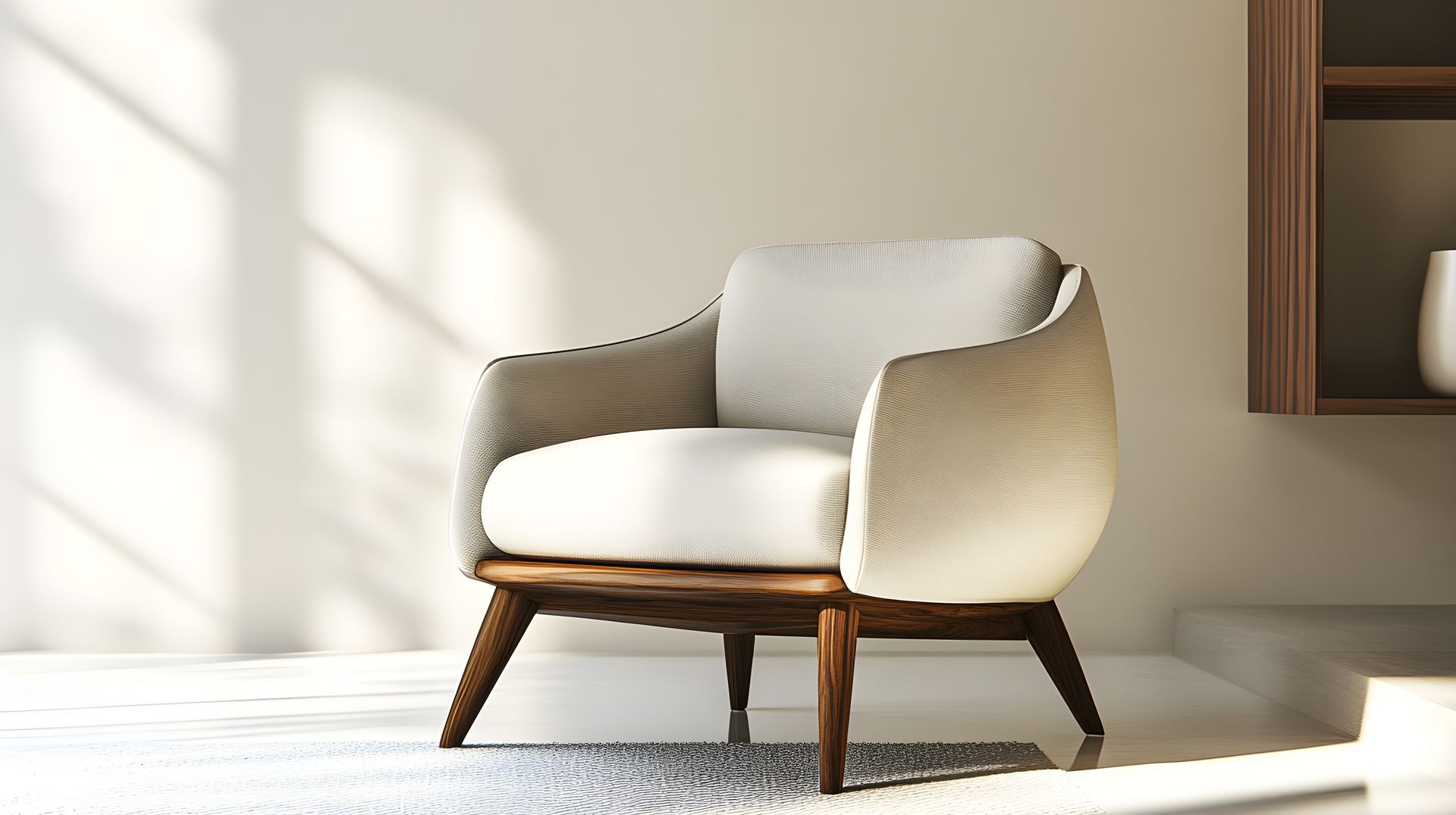 Wooden chair and table in a cafe, with a mug and leaf on the table. Sunlight streams in from a window.