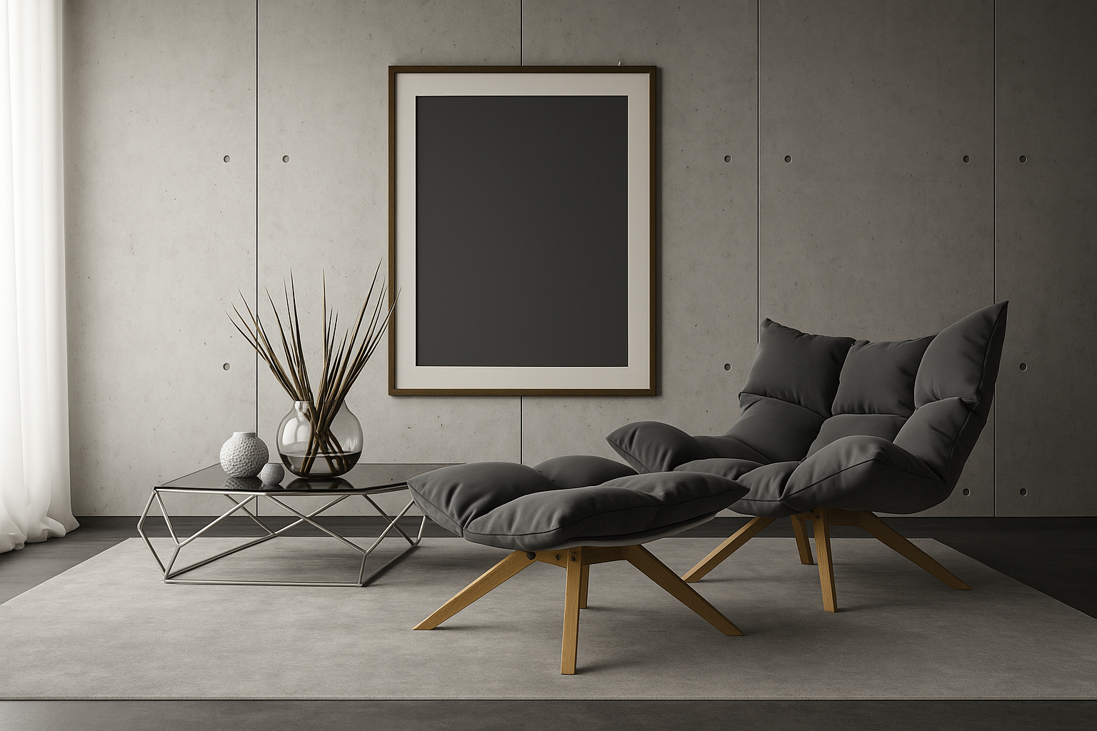 Modern living room with gray armchair, ottoman, and framed artwork.