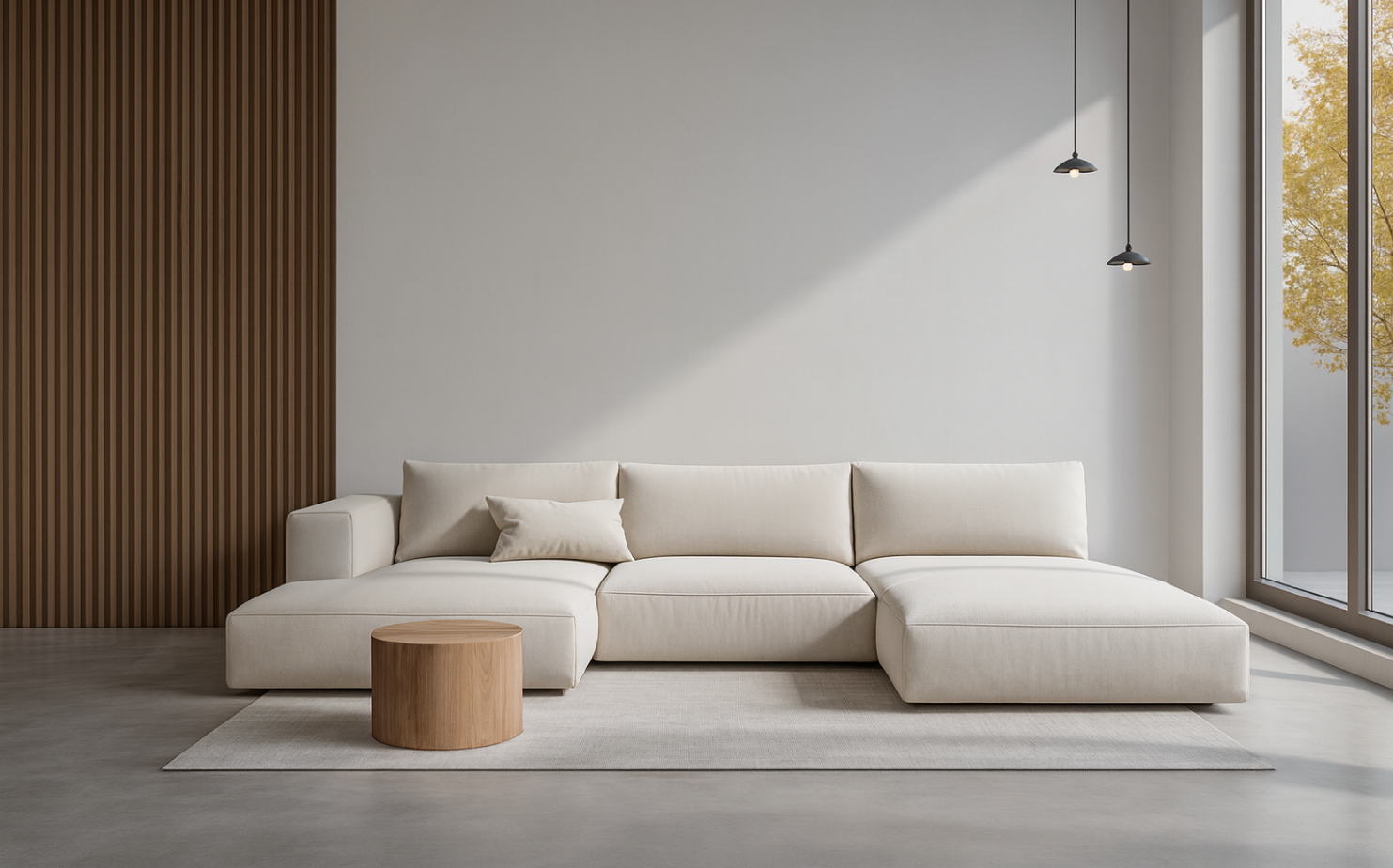 Elegant bedroom with bed, bedside tables, sitting chair, and TV. Neutral colors.