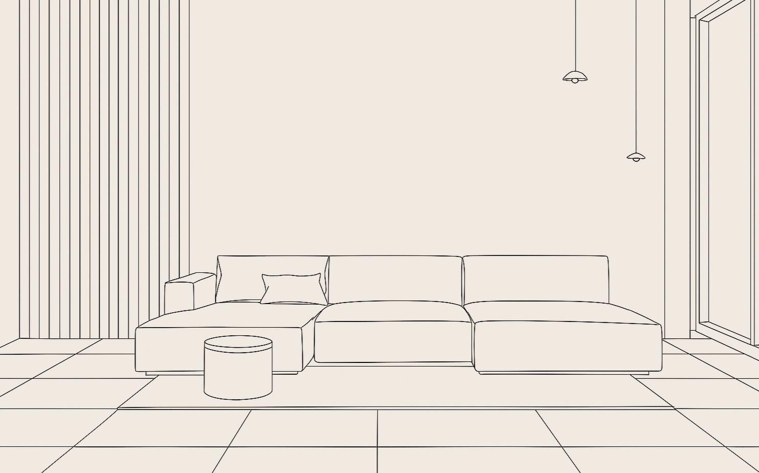 Outline of a bedroom interior with a bed, lamps, and windows.