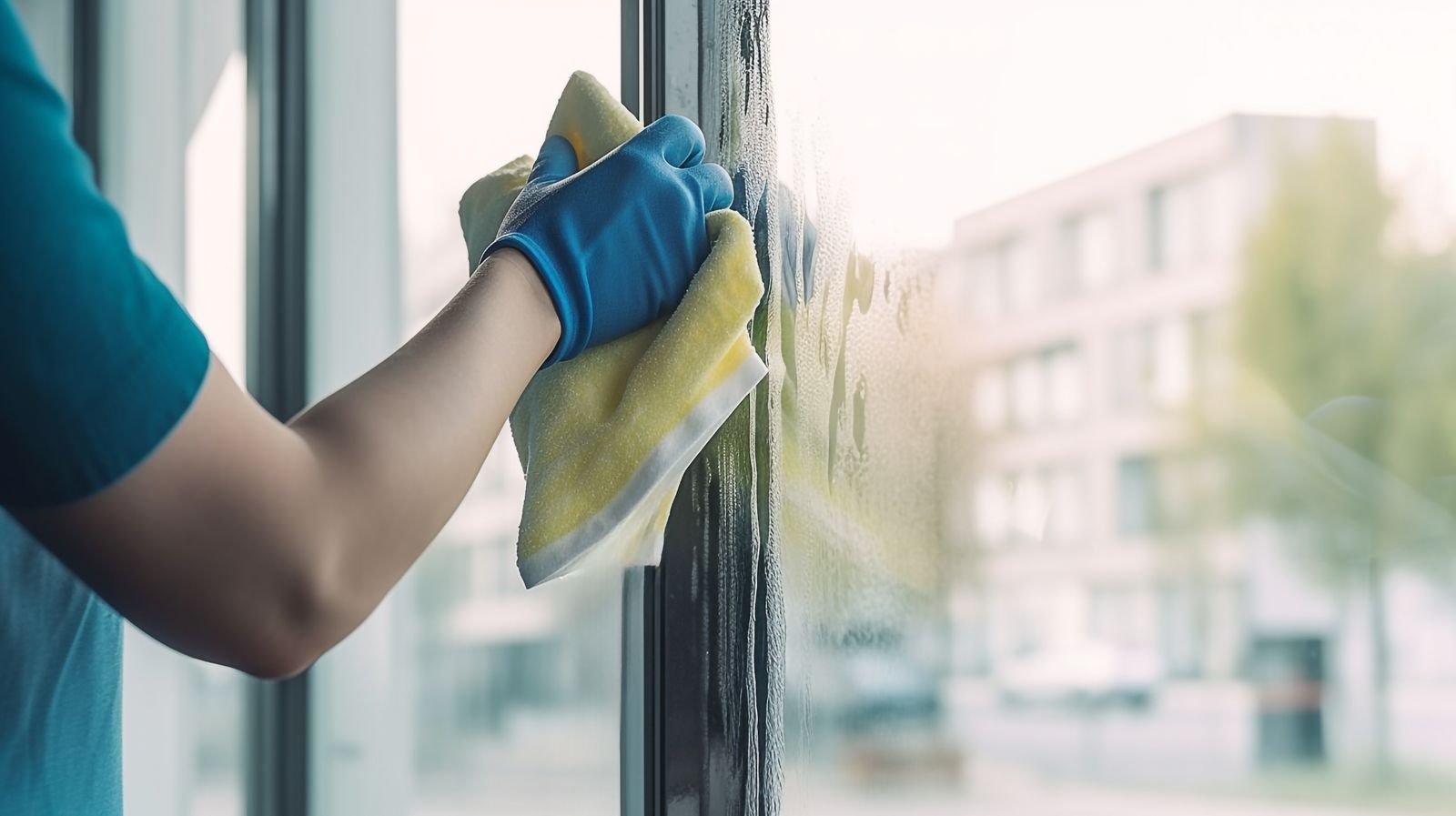 Person wearing blue gloves, cleaning a window with a yellow cloth.