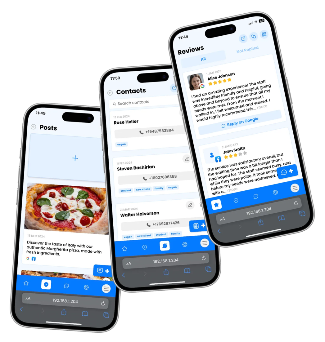 Three phones displaying app interfaces: posts, contacts, and reviews; blue accents.