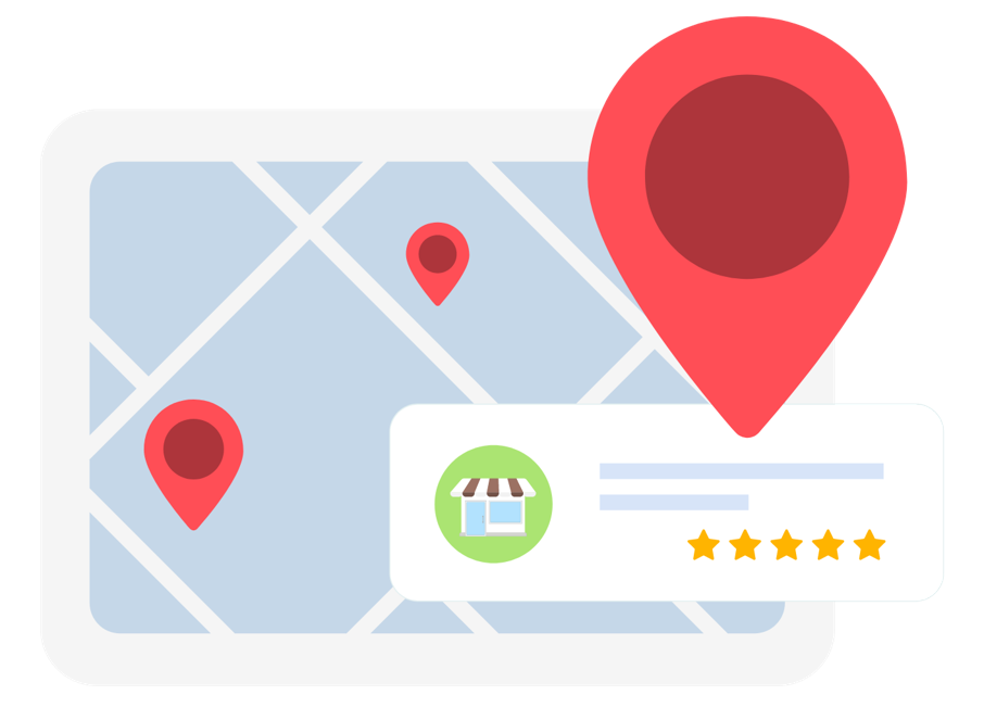 Map with red location markers, one showing a business profile with a shop icon and five-star rating.