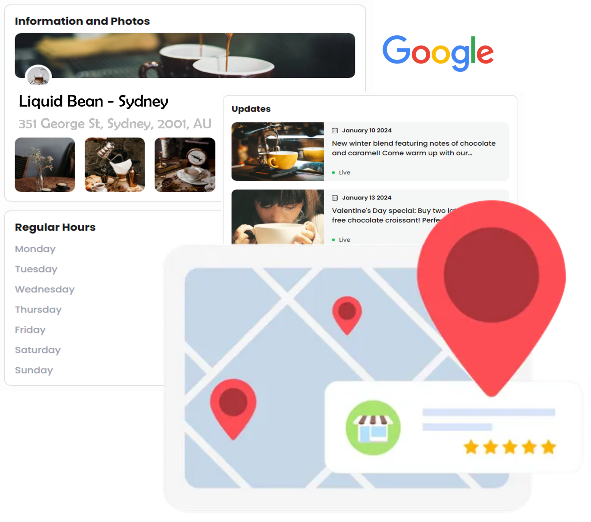 Google business listing with map markers, photos, and regular hours.