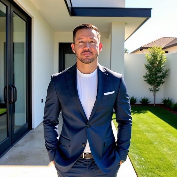 Man in a blue suit, white shirt, hands in pockets, standing in front of a modern home, green lawn.