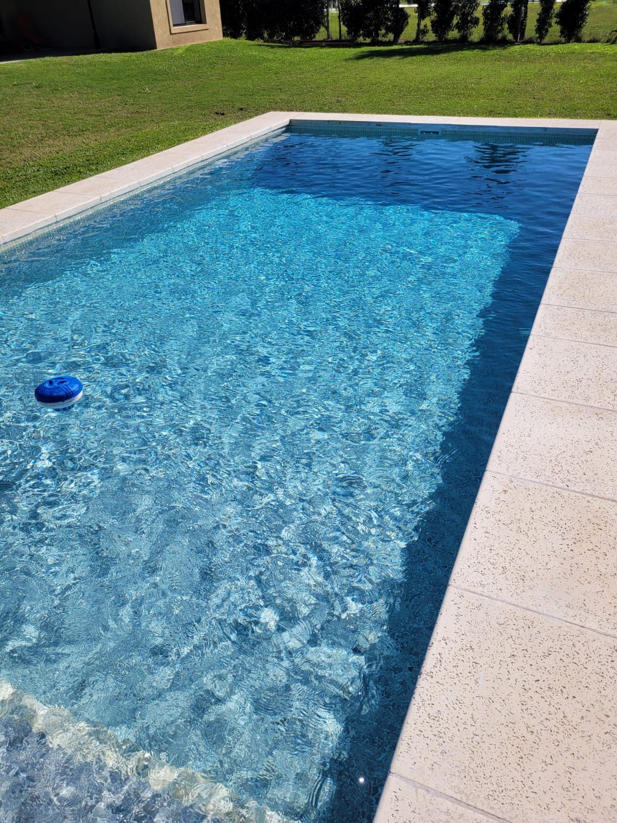 Piscina exterior rectangular de agua azul claro y borde de piedra beige, sobre césped verde.