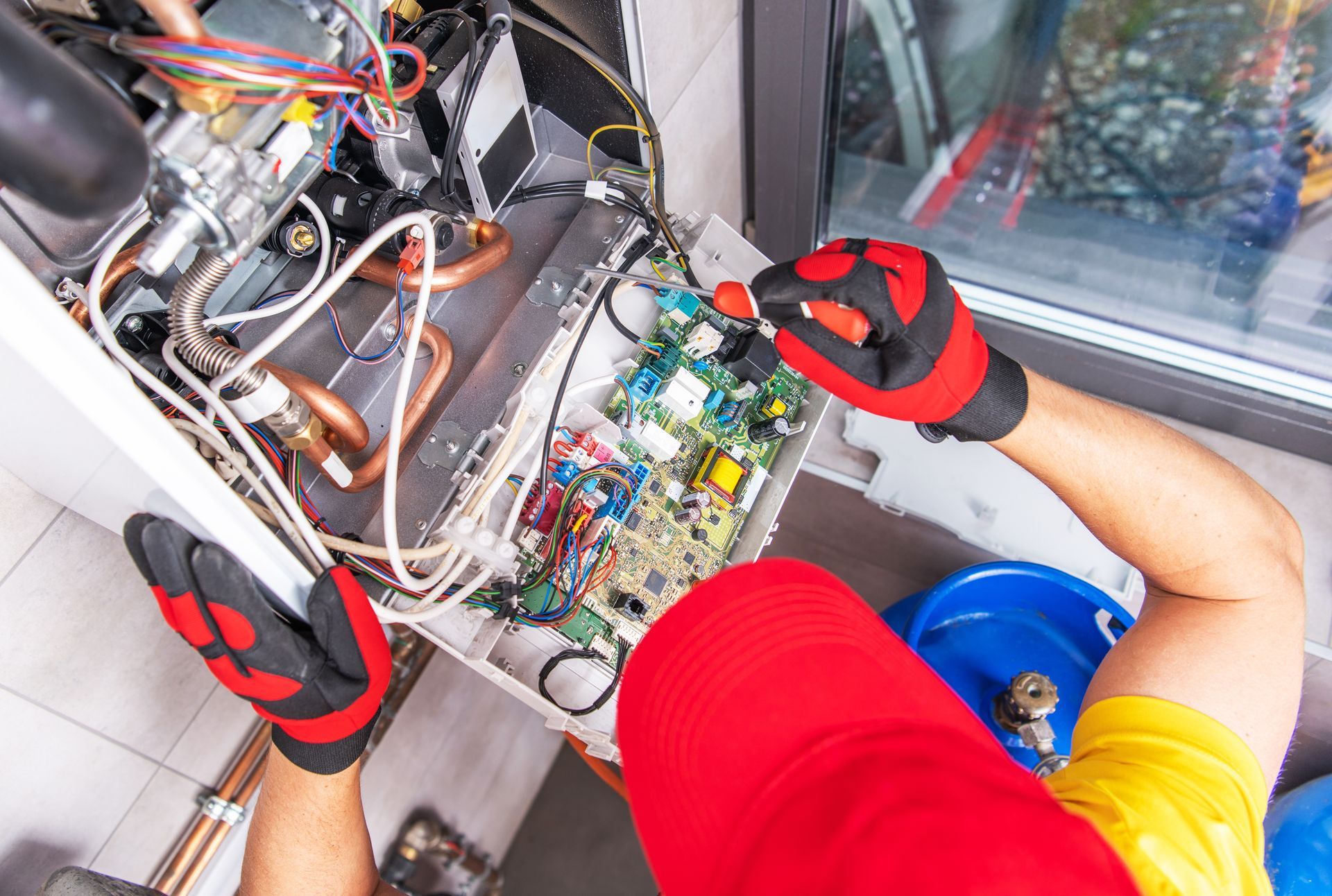 A person in red cap and gloves repairing a complex electrical panel, near copper pipes and a window.