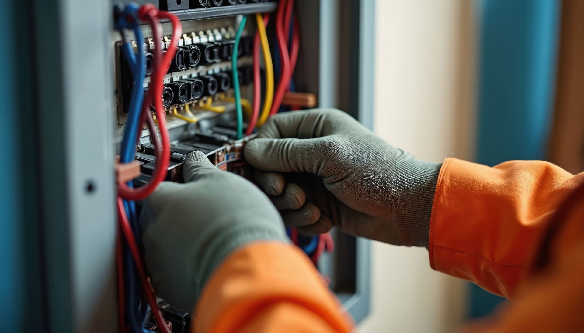 Technician performing panel maintenance and electrical repairing services for a home.