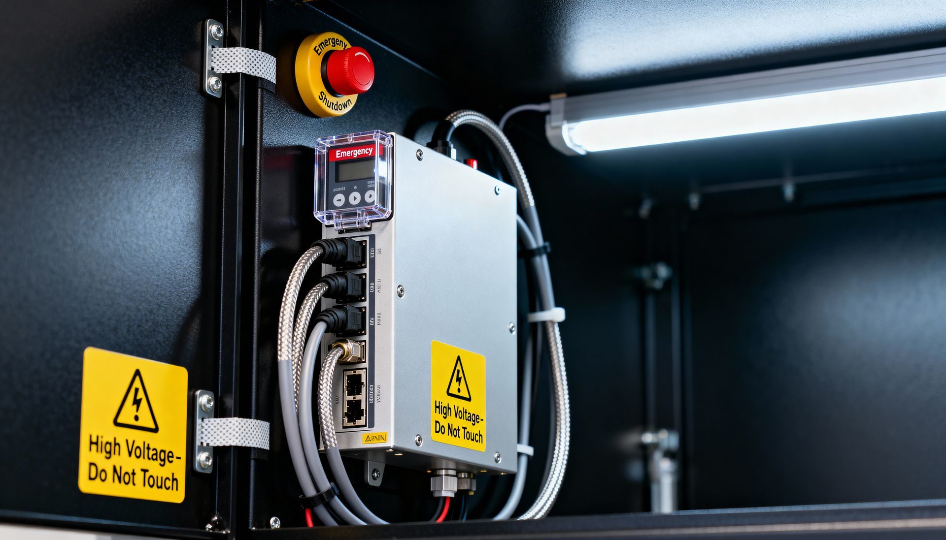 Electrical panel inside a black cabinet with a warning sign, cables, and an emergency stop button.