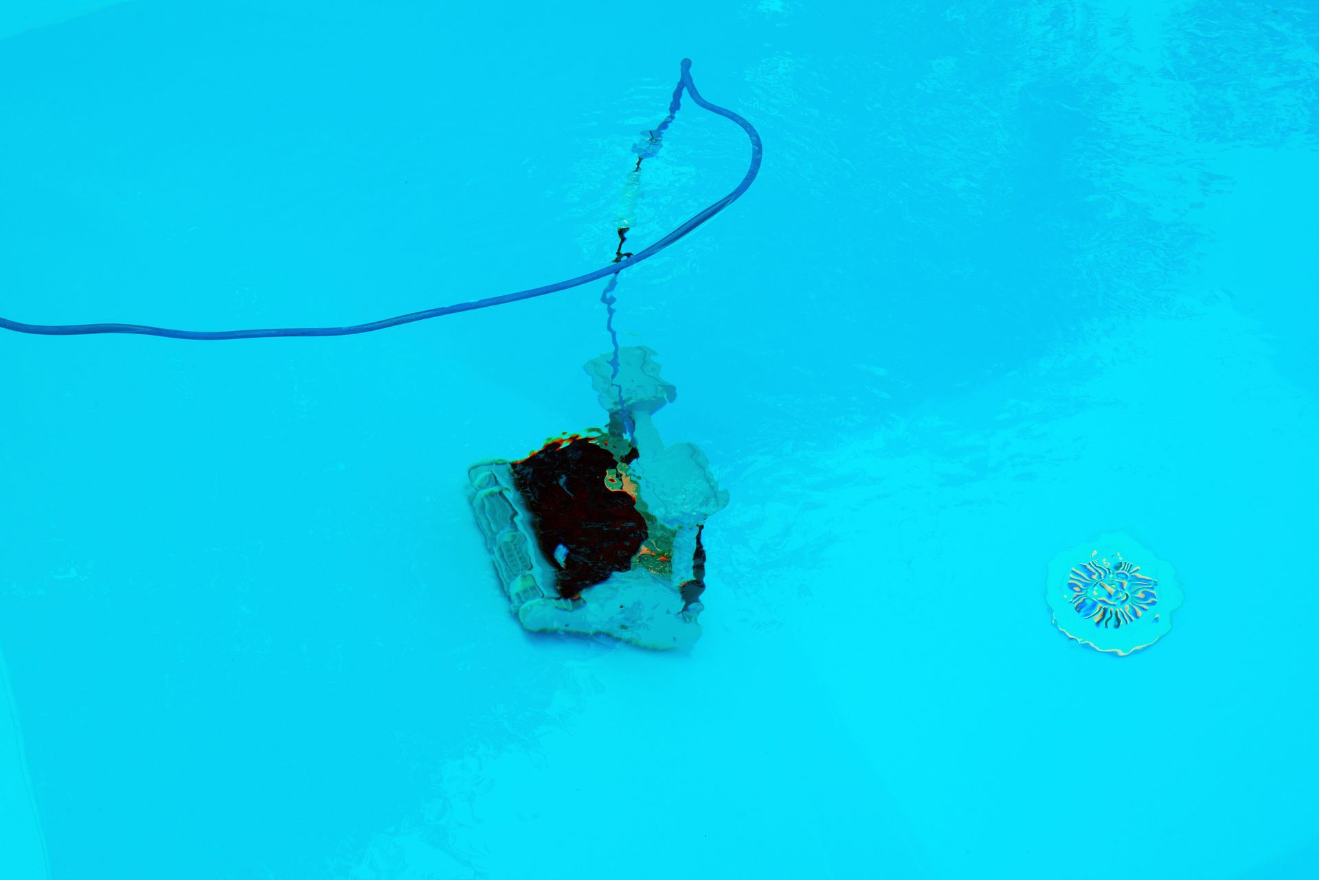 Pool cleaner in blue water, connected by a cord.