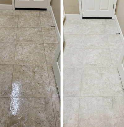 A before and after picture of a tile floor.