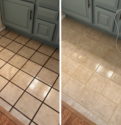 A before and after photo of a tile floor