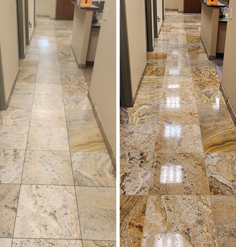 A before and after photo of a tiled floor in a hallway.